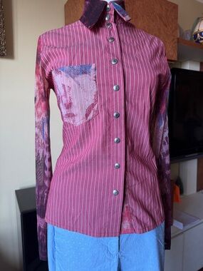 Striped Pink Button-Up Shirt with Mixed Print Sleeves